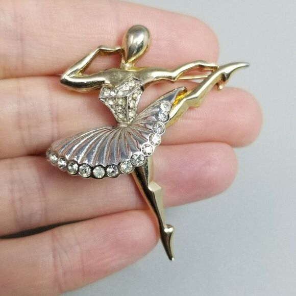 Vintage Jewelry - Vintage Ballerina Dancer Rhinestone Gold Plated Ballet of Jewels Brooch Unsigned